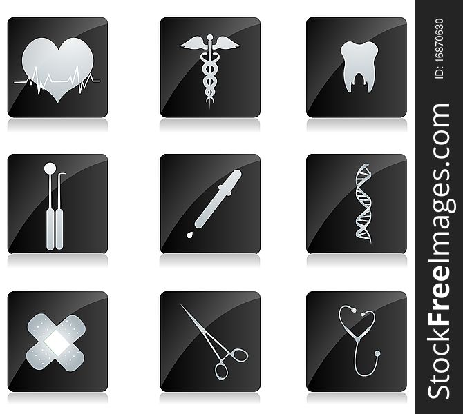 Illustration of medical icons on square button