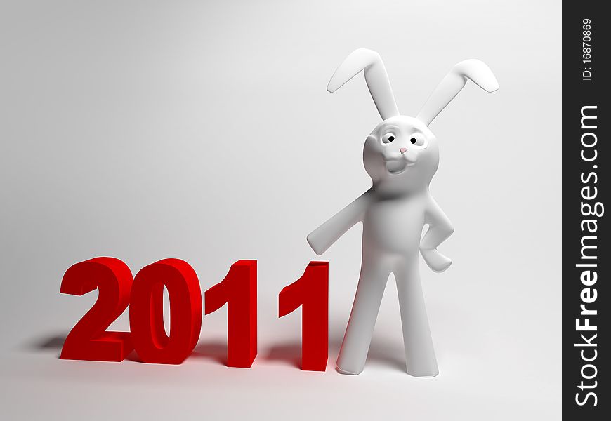 Funny white rabbit standing on a white background, pointing to 3d figures 2011. Funny white rabbit standing on a white background, pointing to 3d figures 2011