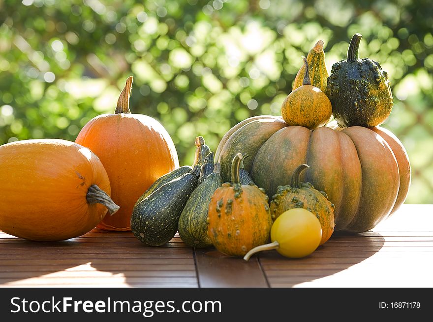 Pumpkins on a table, outdoors