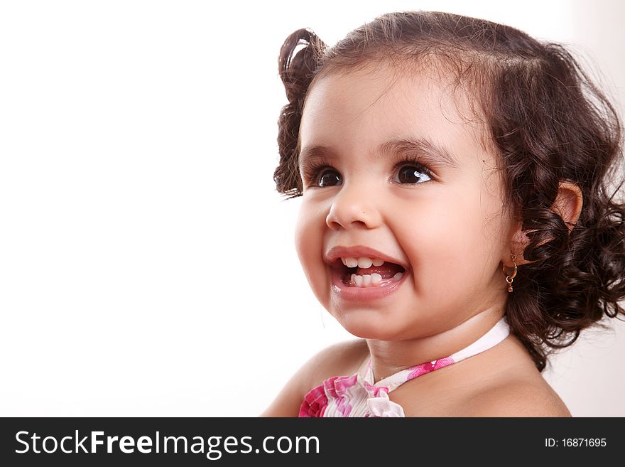 Beauty girl smiling with copy space to insert text or design, isolated image