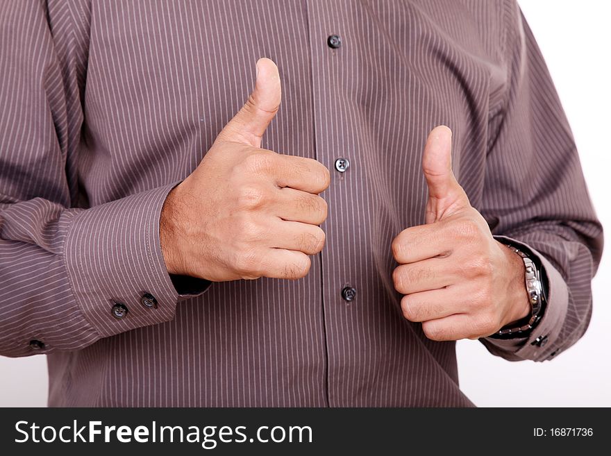 Hands of a man expressing positivity, white background