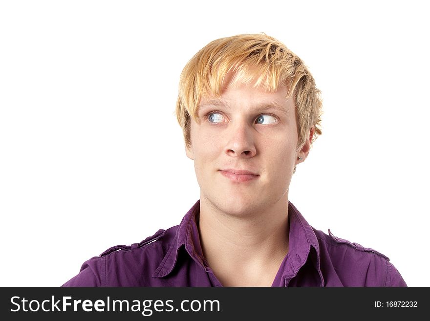 Young man looking at  blank space on white background