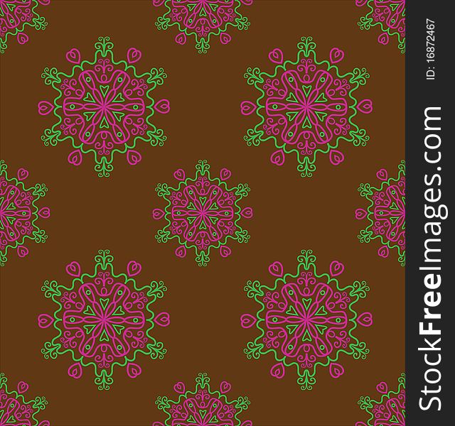 A illustration. Chocolate brown background with abstract pink-green flowers. A illustration. Chocolate brown background with abstract pink-green flowers.