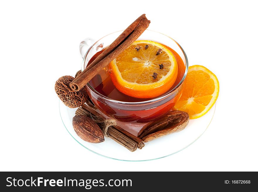Mulled wine, hot tea with alcohol as seasonal drink in winter time