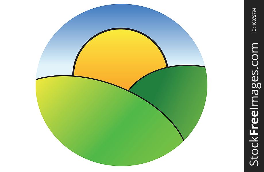 Illustration of the sun appearing over grassy hills. Illustration of the sun appearing over grassy hills