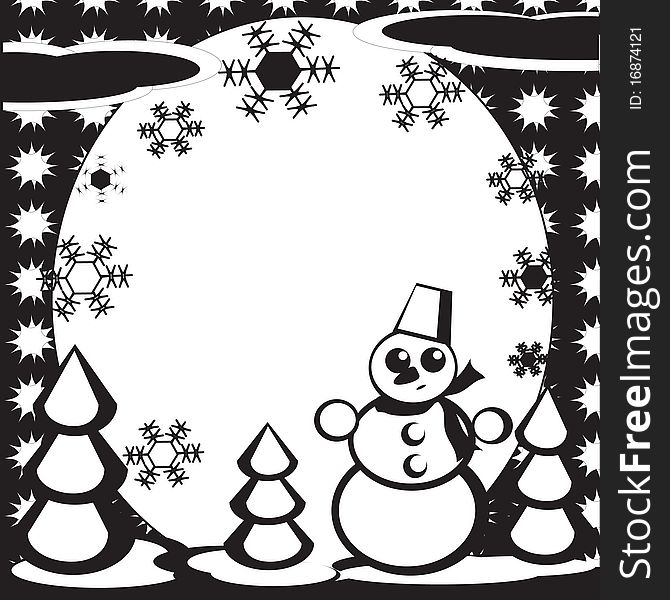 Winter: circle frame with snowman and fir-trees. Winter: circle frame with snowman and fir-trees.