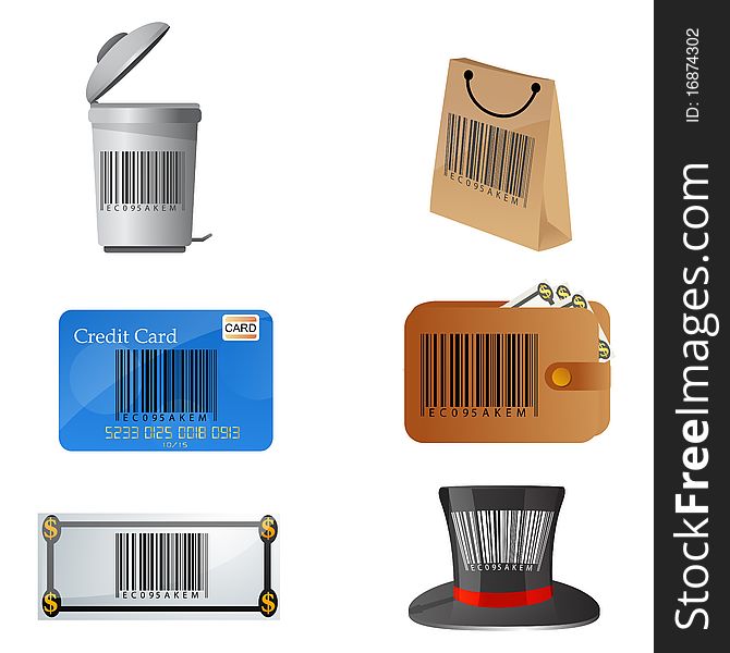 Illustration of barcode on different objects on isolated background