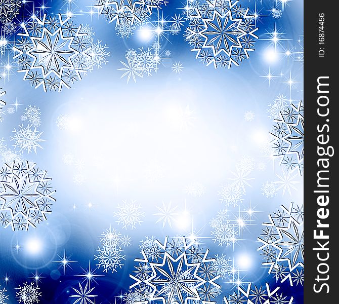 Christmas blue background with bright snowflakes and stars. Christmas blue background with bright snowflakes and stars