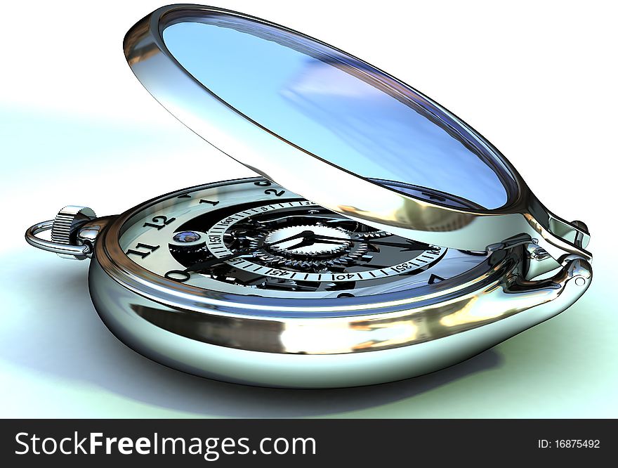 Silver pocket watch on a light background with a stopwatch. Silver pocket watch on a light background with a stopwatch