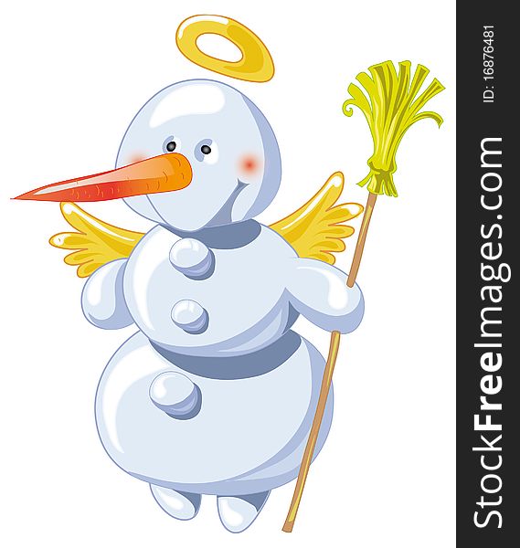 Snowman with wings , halo and with a broom. Snowman with wings , halo and with a broom