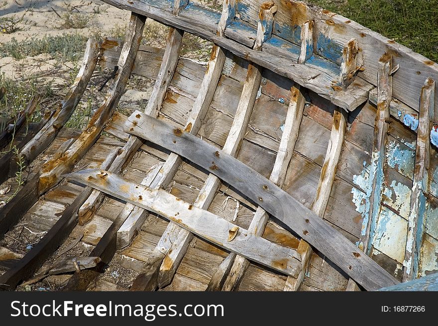 Wrecked boat at Kalamitsi beach in North Greece.