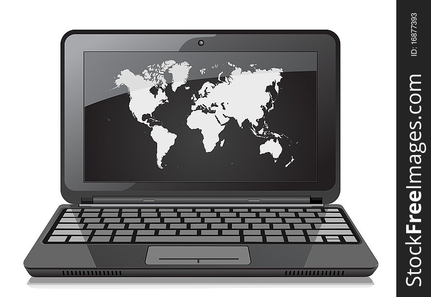 Black laptop with world map