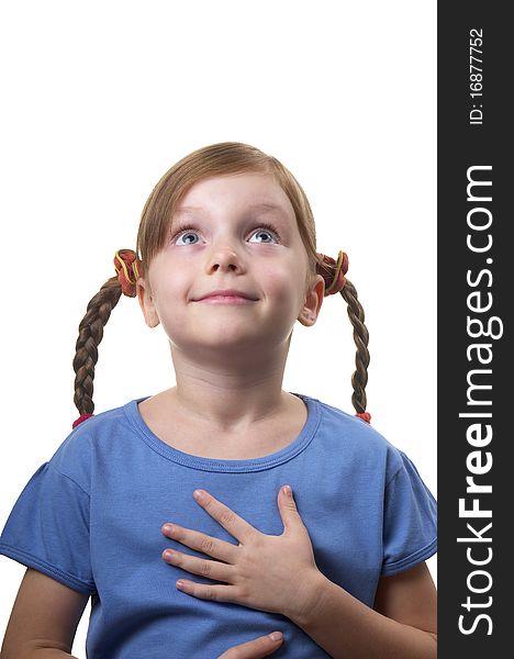 Wondering funny little girl portrait isolated over white background. Wondering funny little girl portrait isolated over white background