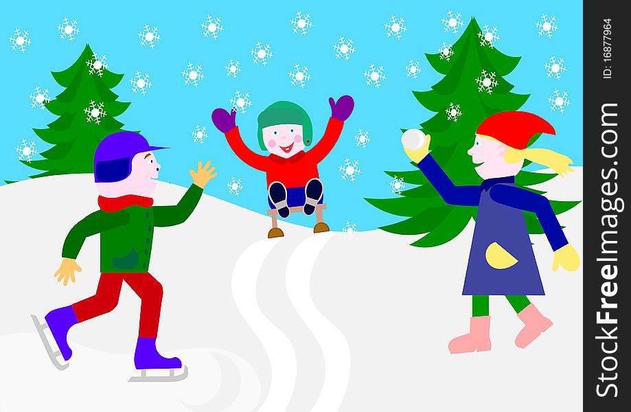 Children play in the snow, sliding and throwing snowballs. Children play in the snow, sliding and throwing snowballs.