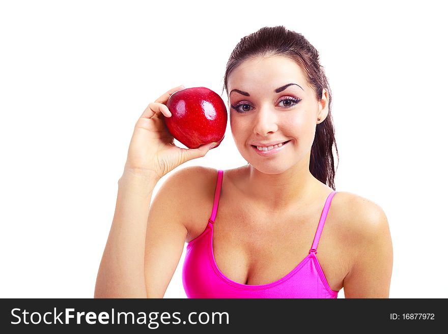 Beautiful young brunette girl with a big red apple. Beautiful young brunette girl with a big red apple