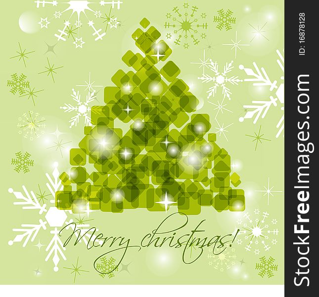 Abstract green christmas tree on snowflakes background.