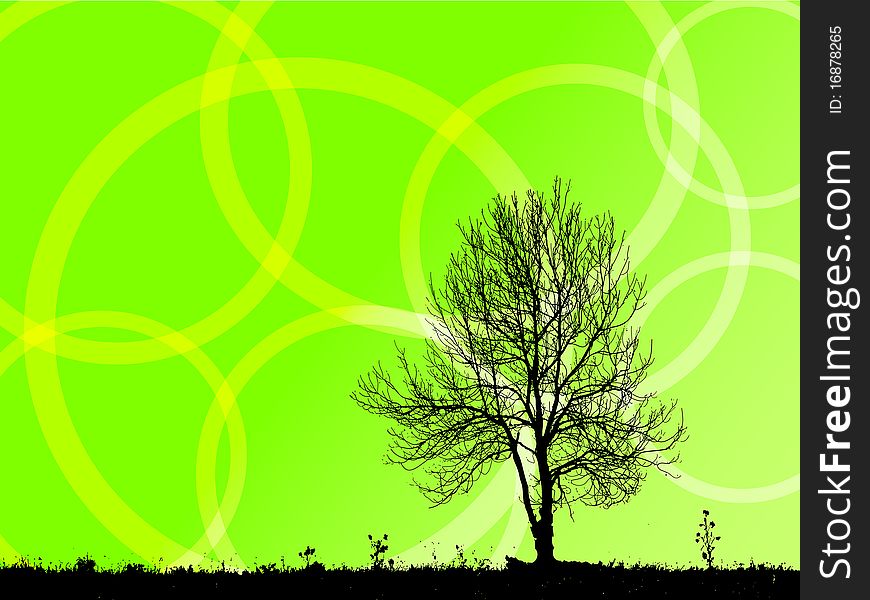 Silhouette of the tree with abstract circles at background. Silhouette of the tree with abstract circles at background