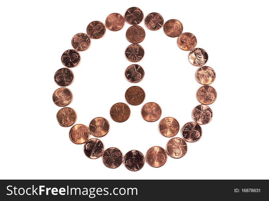 Peace symbol arranged from pennies on white background. Peace symbol arranged from pennies on white background.