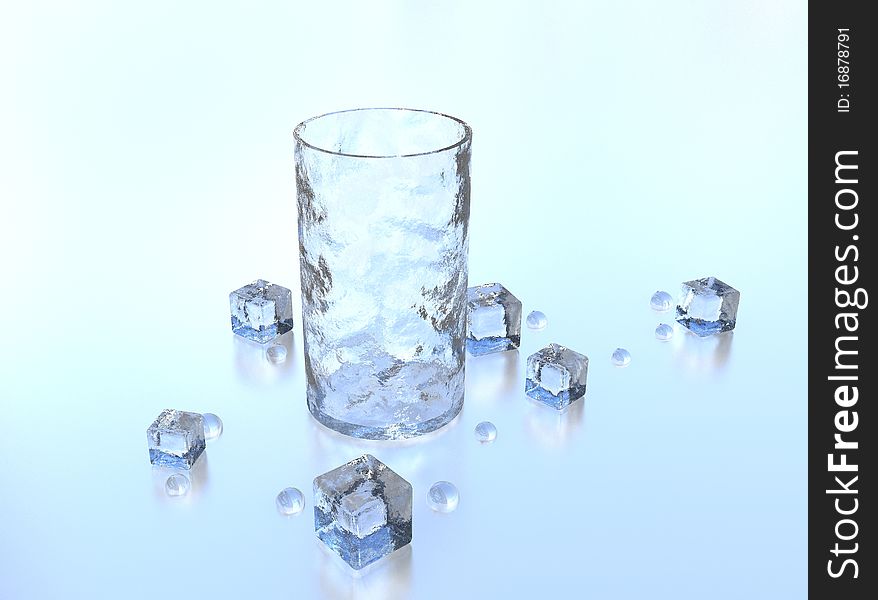 Illustration of an ice glass with ice near it