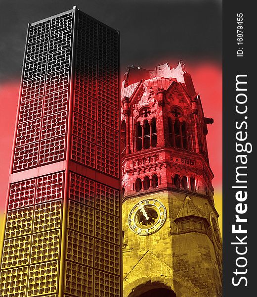 Kaiser Wilhelm Memorial Church in Berlin. Black, red, gold - national colors of Germany. The original church on the site was built in the 1890s. It was badly damaged in a bombing raid in 1943. The present building, which consists of a church with an attached foyer and a separate belfry with an attached chapel, was built between 1959 and 1963. The damaged spire of the old church has been retained and its ground floor has been made into a memorial hall.