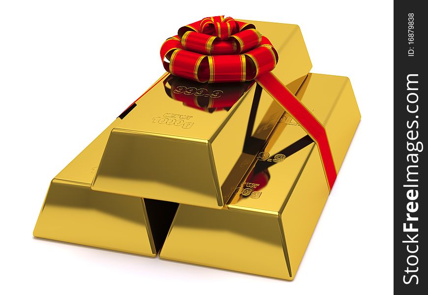 Gold ingots as generous gift concept. 3D render. Gold ingots as generous gift concept. 3D render