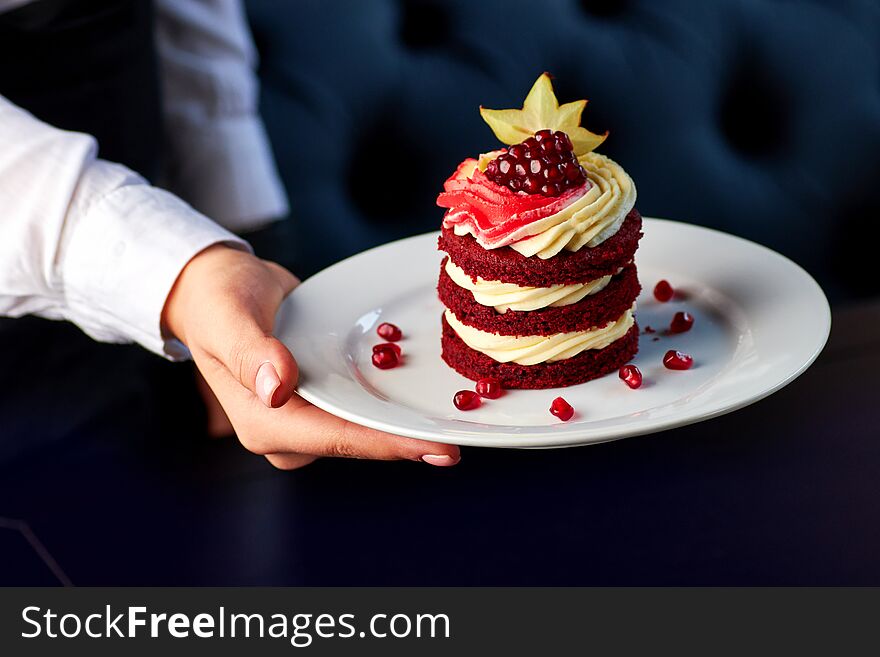 Cake Red Velvet With Pomegranate And Carambola, Served With Glass Of Fruit Tea