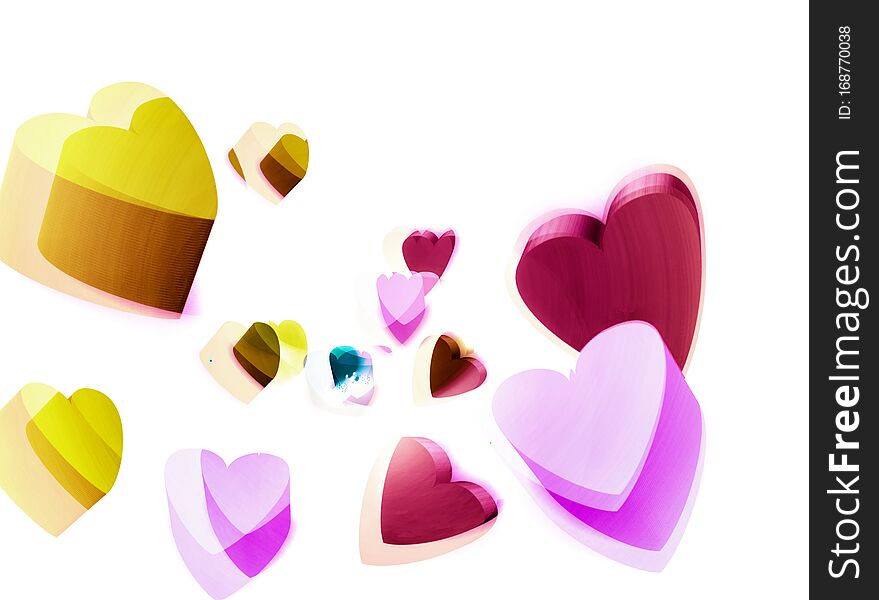 Charming vivid 3d hearts gathering on white background layout. Dice or cubes similar shapes. Candy colors of yellow, pink, purple