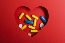 Top View Of Heart Shape, Vitamin, Drugs. Concept Of Heart Disease And Medical Treatments Stock Images