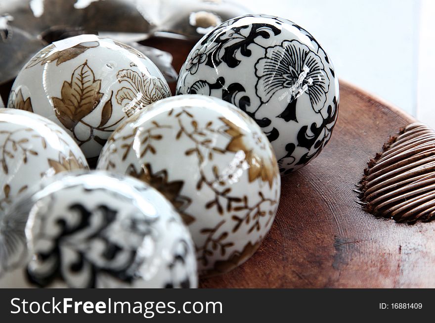 Beautifully decorated ceramic balls used to make an indoor setting look both elegant and interesting. Beautifully decorated ceramic balls used to make an indoor setting look both elegant and interesting