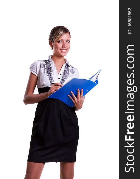 Happy successful business woman is holding folders . Young business girl with documents. Happy successful business woman is holding folders . Young business girl with documents.