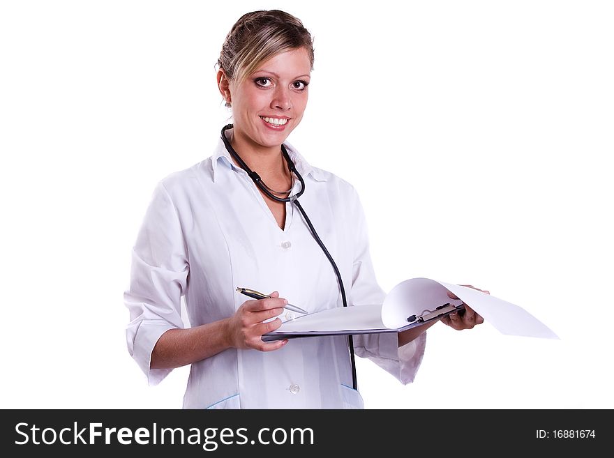 Smiling female doctor holding some folders. Isolated on white. Smiling female doctor holding some folders. Isolated on white.