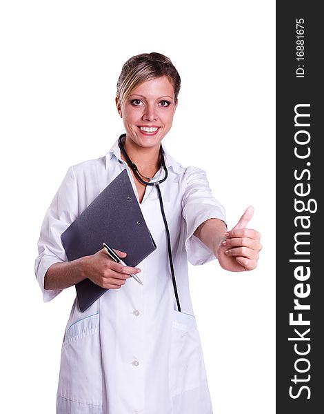 Smiling female doctor holding some folders and showing the all OK. Isolated on white. Smiling female doctor holding some folders and showing the all OK. Isolated on white.
