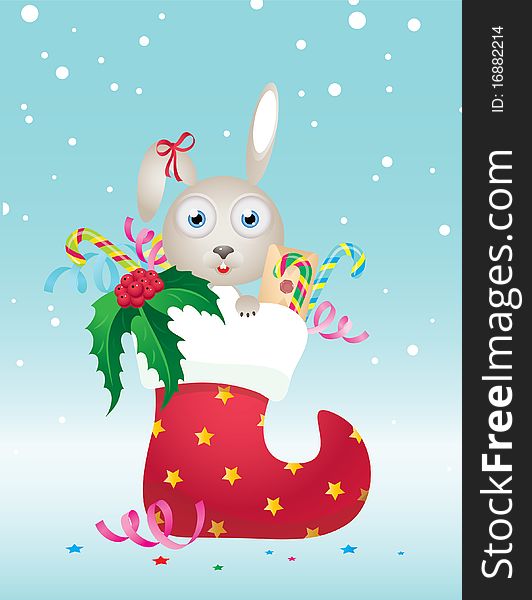 Christmas gift, white, fluffy bunny and candy. Christmas gift, white, fluffy bunny and candy