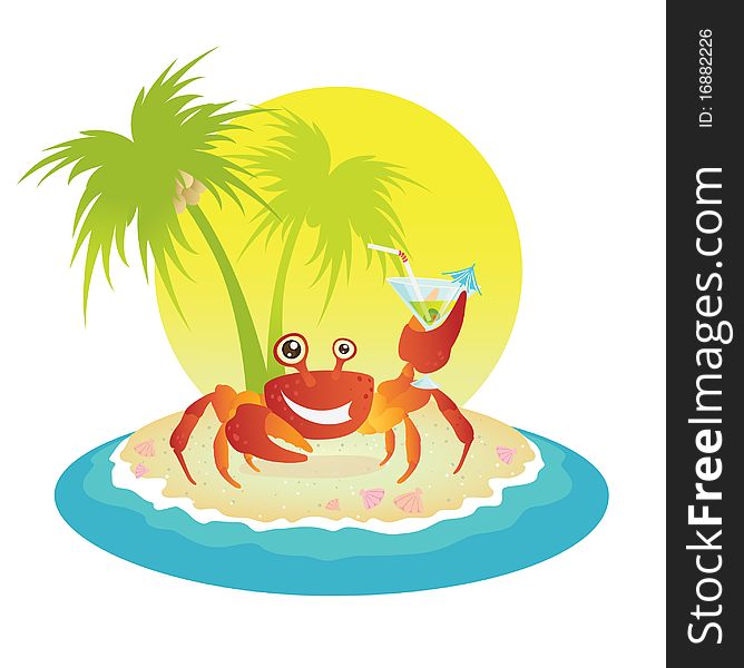 Red crab on a tropical island, invites drink