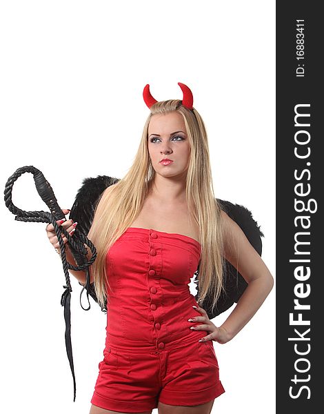 Young sexi blond woman in a costume of red devil