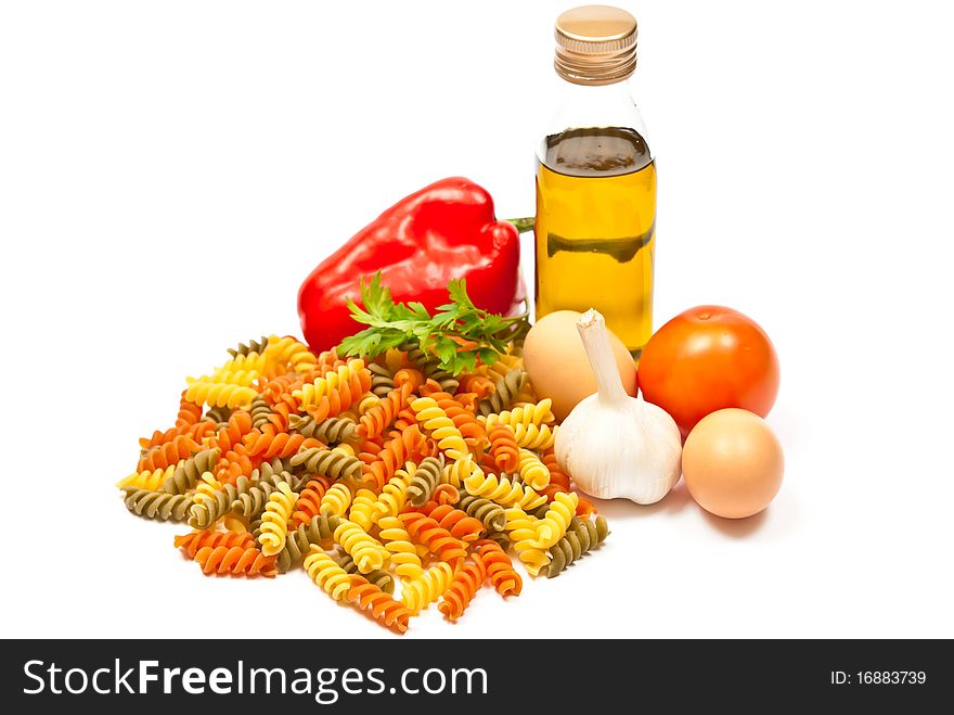 Ingredients for spaghetti. Isolated on white background. Ingredients for spaghetti. Isolated on white background
