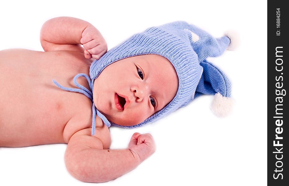 The kid in a dark blue cap on a white background