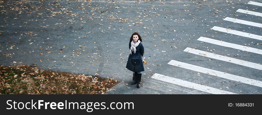 A young girl standing on a road near a pedestrian crossing