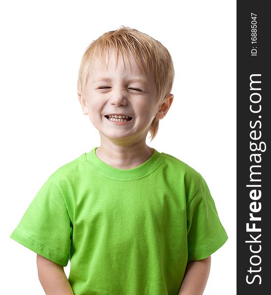 Boy smiling eyes closed, on a light background