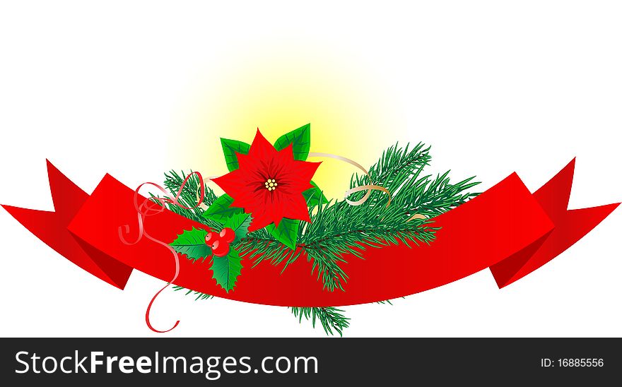 Red Christmas banner with Poinsettia, christmas berries and eve