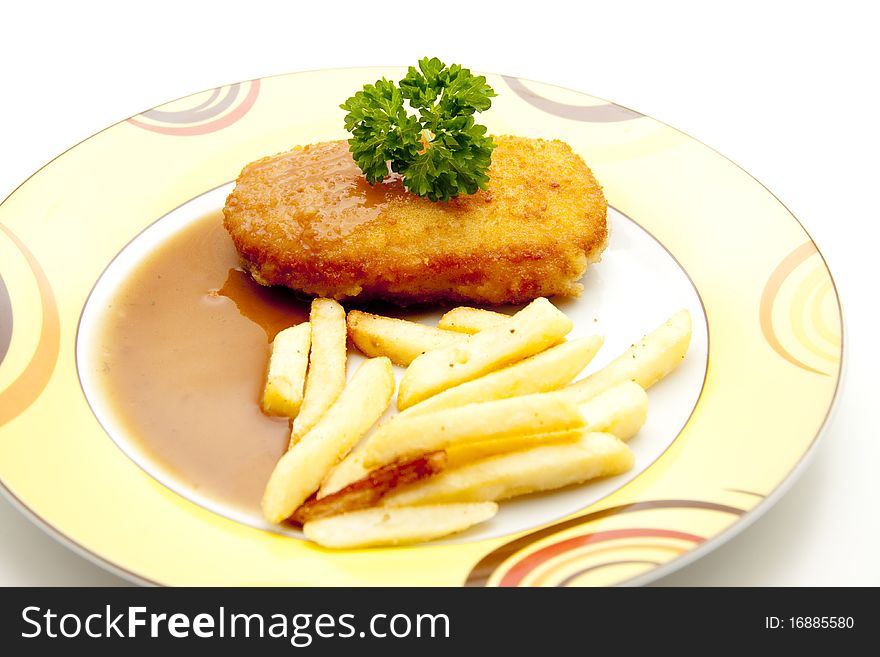 Cordon blue with Fries and sauce. Cordon blue with Fries and sauce