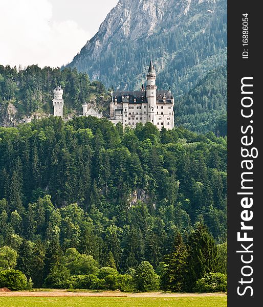 Panoramic view of Neuschwanstein Castle and hill, Germany.