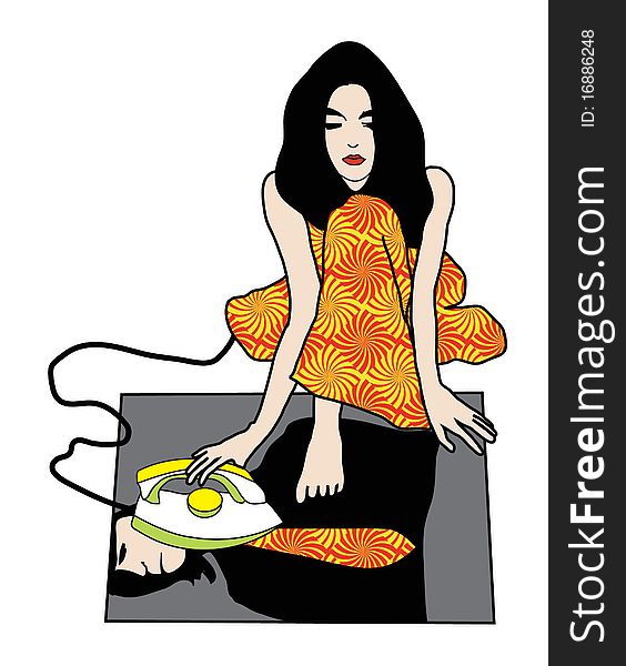 Illustration, young woman ironing man