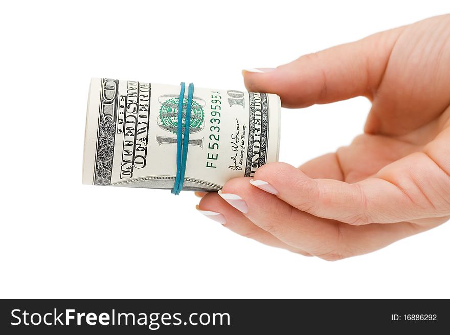 Hand with money isolated over white