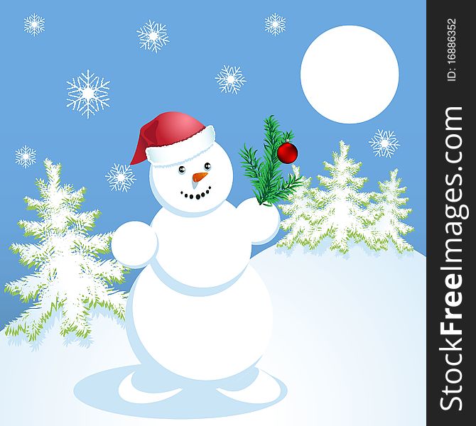 Illustration, snowman with ball on blue background