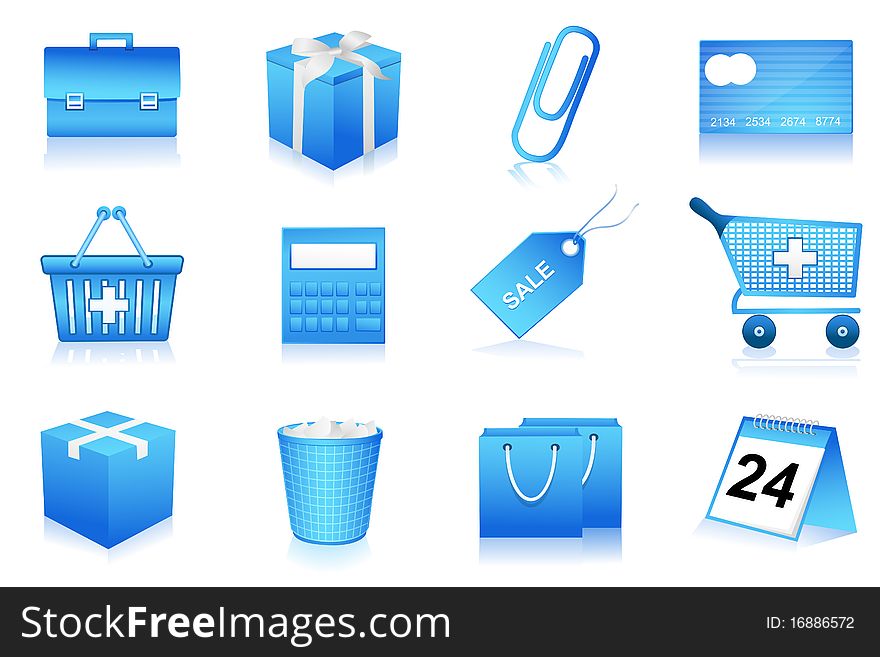 Illustration of set of shopping and office icons on isolated background