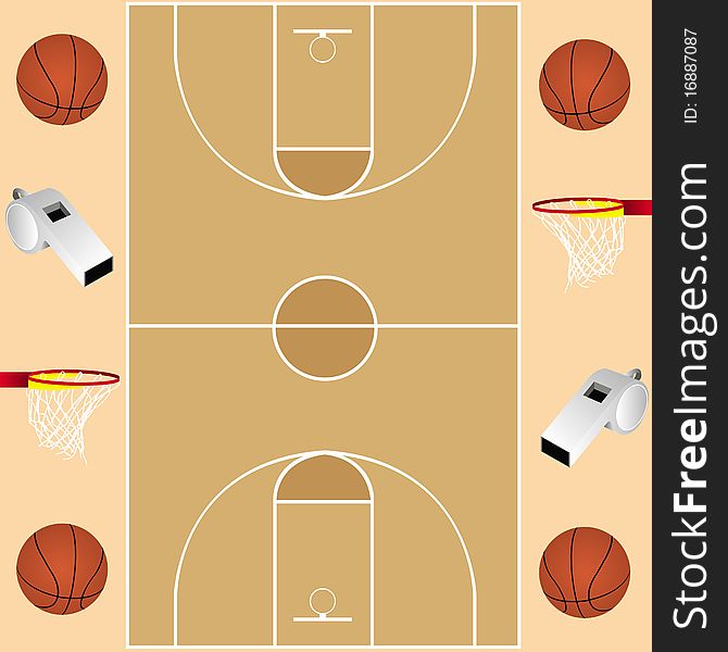 This image represents a basketball card with basketball balls, baskets, whistles and a basketball field
