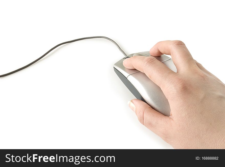 Computer mouse in hand isolated on white