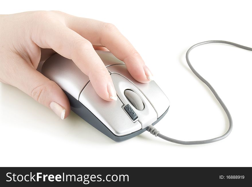 Computer mouse in hand isolated on white