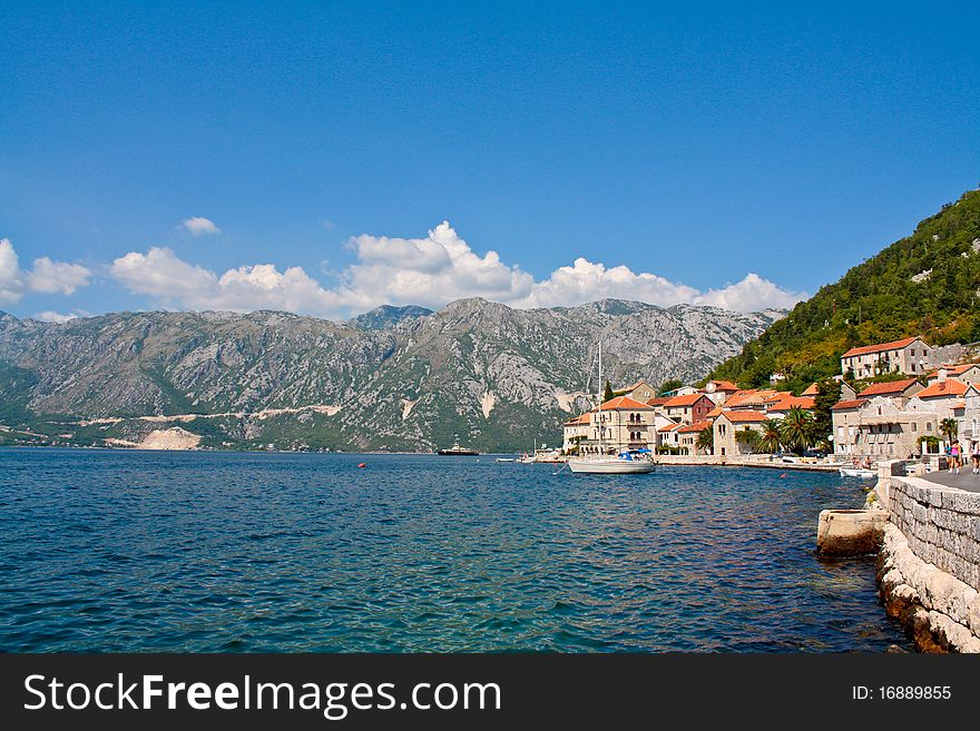 Perast, Montenegro pierce surrounded by mountains, Kotor Bay.